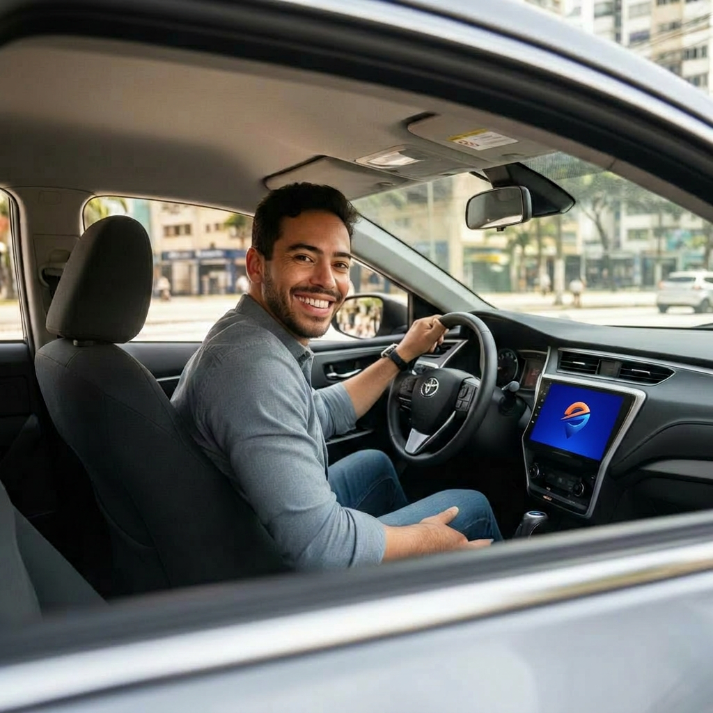 Motorista de aplicativo conduzindo passageiros